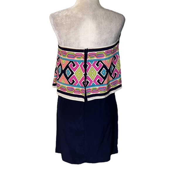 NEW Alice & Trixie Silk Blue Pink Geometric Ruffle Overlay Strapless Dress - S - Picture 5 of 10